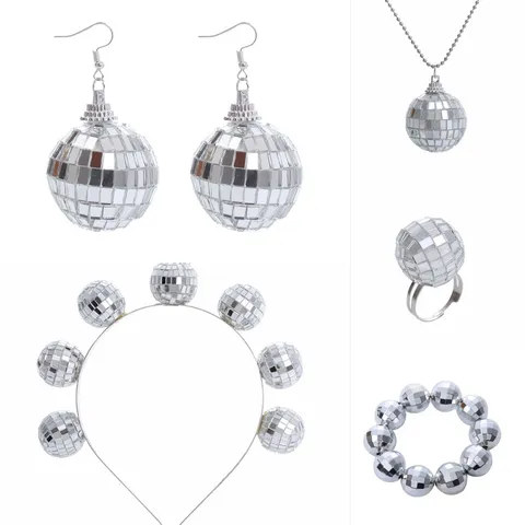 Retro Diskokugel Ohrringe Kette Armband Ring Stirnband Set Kunststoff Glas Spiegel Mosaik Schmuck Für 70er Party Kostüm Damen Zubehör