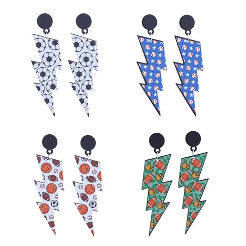 Sporty Acrylic Double Sided Printed Ball Pattern Lightning Bolt Drop Earrings Football Basketball Rugby Baseball Earrings