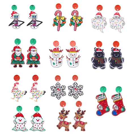Christmas Series Acrylic Drop Earrings Cute Santa Claus Snowman Elk Gift Holiday Printed Glitter Dangle Earrings For Women Party Wear Jewelry