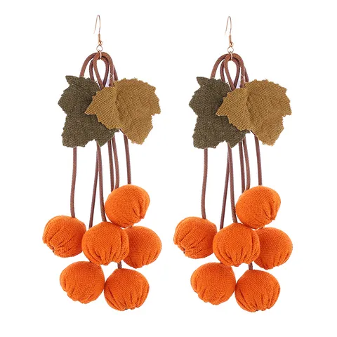 Thanksgiving Pompoen Stof Kwastje Oorbellen Vintage Geweven Blad Hangende Oorbellen Voor Vrouwen Herfst Festival Sieraden