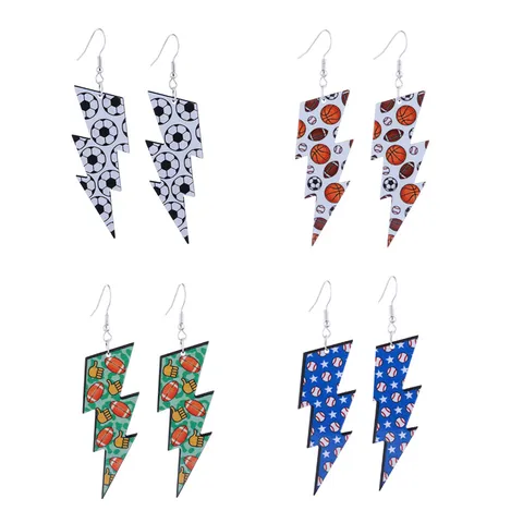 Sporty Acrylic Double Sided Printed Ball Pattern Lightning Bolt Drop Earrings Football Basketball Rugby Baseball Earrings