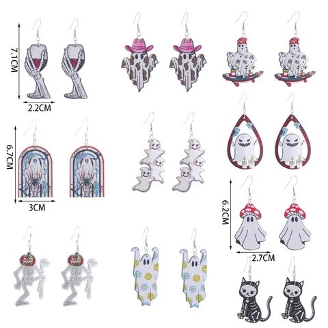 Halloween Retro Houten Oorbellen Geest Skelet Pompoen Patroon Hanger Oorbellen Voor Vrouwen Grappige Party Sieraden