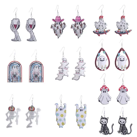 Halloween Retro Houten Oorbellen Geest Skelet Pompoen Patroon Hanger Oorbellen Voor Vrouwen Grappige Party Sieraden