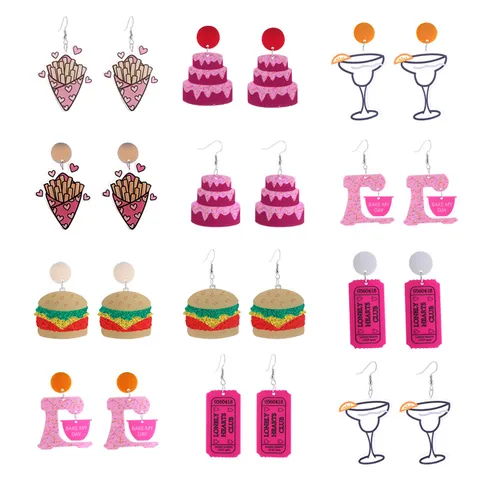 Pendientes de Acrílico Divertidos Forma de Comida Y2K Estampados Burger Patatas Pastel Cocktail Mixer Pendientes para Mujer Joyería