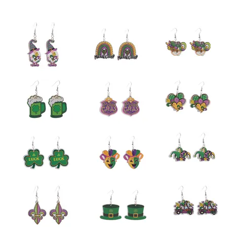 Wooden Festival Drop Earrings For Women Printed Wood Mardi Gras Earrings St Patrick Day Joker Truck Hat Clover Earrings Jewelry