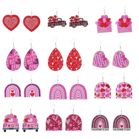 Valentinstag Holz Hängeohrringe Liebe Herz Druck Cartoon Auto Buchstabe Bedruckte Holzohrringe Für Damen Romantisches Festival Geschenk Schmuck