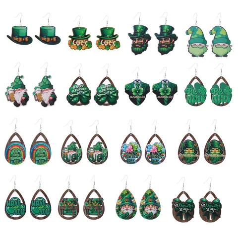 Orecchini Pendenti in Legno per San Patrizio Quadrifoglio Verde Gnomo Cappello Stampato Orecchini a Goccia in Legno Gioielli Regalo