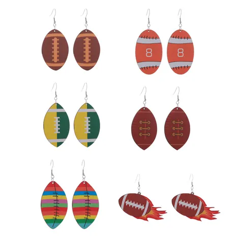 Boucles d'Oreilles Créatives en Bois Football Américain Sportif Imprimé Géométrique Cuir Synthétique pour Femmes École Super Bowl Bijoux