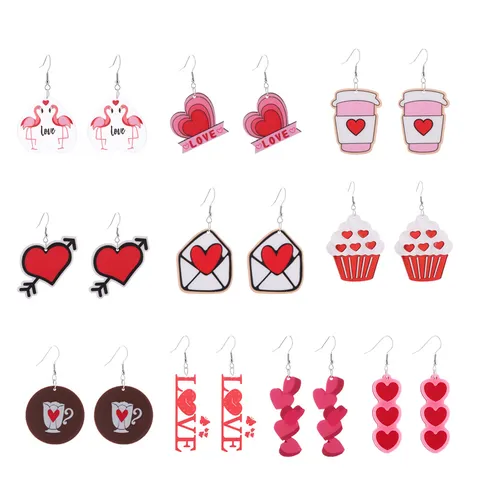 Valentinstag Acryl Flamingo Herz Bedruckte Hängeohrringe Für Damen Süße Rosa Liebesbrief Kaffeetasse Umschlag Ohrhänger Romantischer Feiertagsschmuck