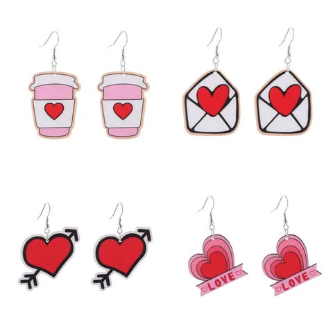 Valentinstag Acryl Flamingo Herz Bedruckte Hängeohrringe Für Damen Süße Rosa Liebesbrief Kaffeetasse Umschlag Ohrhänger Romantischer Feiertagsschmuck
