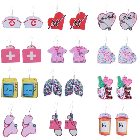 Nurse Day Medical Theme Wood Earrings Stethoscope Heart Syringe Printed Drop Earrings For Nurses Gift Creative Jewelry