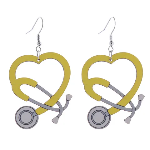 Nurse Day Wood Stethoscope Heart Drop Earrings Creative Medical Theme Printed Alloy Hook Earrings For Doctor Nurse Women Jewelry Gift