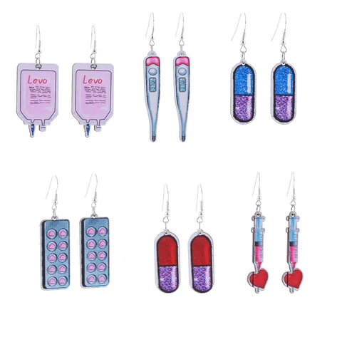 Nurse Day Medical Theme Wood Earrings Stethoscope Heart Syringe Printed Drop Earrings For Nurses Gift Creative Jewelry