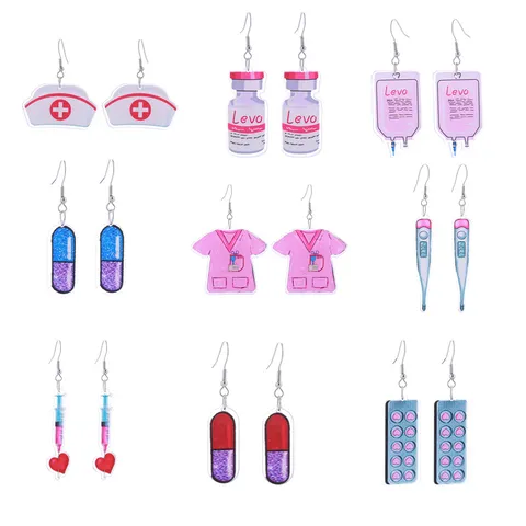 Verpleegsterdag Grappige Acryl Hangoorbellen Roze Verpleegstersuniform Pil Capsule Thermometer Spuit Infuuszak Sieraden voor Vrouwen
