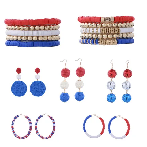Onafhankelijkheidsdag Rood Wit Blauw Patriotische Sieraden Set Overdreven Legering Hanger Oorbellen Gelaagde Kralen Armband Feest Vrouwen
