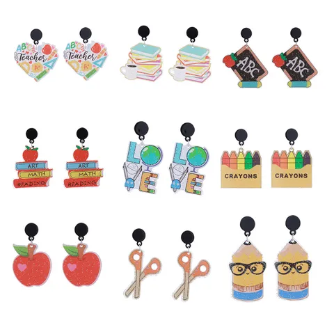 Colorful Acrylic Teacher Day Drop Earrings Creative School Supplies Crayon Book Apple Pencil Design Graduation Season Jewelry For Women