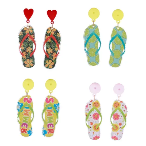 Summer Hawaiian Beach Party Acrylic Flip Flop Stud Earrings For Women Tropical Floral Lemon Glitter Printed Earrings Jewelry