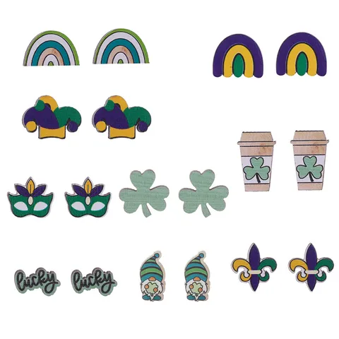 Ξύλινα Σκουλαρίκια Καρφωτά Mardi Gras Carnival Party St Patrick Day Τυχερό Τριφύλλι Μάσκα Νάνος Καπέλο Γελωτοποιού Κρίνος Ουράνιο Τόξο Κοσμήματα Γυναίκα