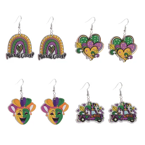 Wooden Festival Drop Earrings For Women Printed Wood Mardi Gras Earrings St Patrick Day Joker Truck Hat Clover Earrings Jewelry