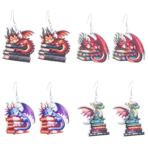 Preppy Style Wooden Earrings Fantasy Dragon And Books Design For Book Lovers Graduation Gift Creative Cartoon Animal Bird Backpack Goose Drop Earrings