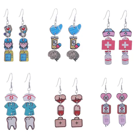 Creative International Nurses Day Wooden Dangle Earrings Medical Stethoscope Heart Pattern Jewelry For Doctors Nurses Gift