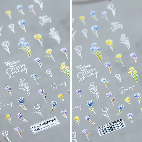 Embossed Tulip Nail Art Stickers Fresh Floral Adhesive Nail Decals Cartoon Flower Nail Wraps Decoration Accessories For Women