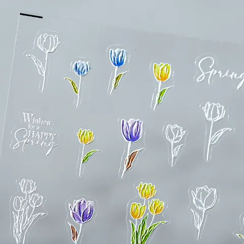 Embossed Tulip Nail Art Stickers Fresh Floral Adhesive Nail Decals Cartoon Flower Nail Wraps Decoration Accessories For Women