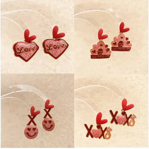Valentinstag Zinklegierung Emaille Herz Buchstabe Ohrringe Für Damen Romantisch Pink Rot Glitzer Hängeohrringe Schmuck