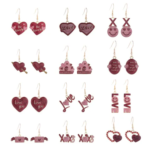 Valentinstag Zinklegierung Emaille Herz Buchstabe Ohrringe Für Damen Romantisch Pink Rot Glitzer Hängeohrringe Schmuck