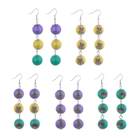 Mardi Gras Kralen Oorbellen Paars Geel Groen Feestelijke Parade Lange Hangoorbellen Legering Hars Masker Kroon Sieraden Voor Dames