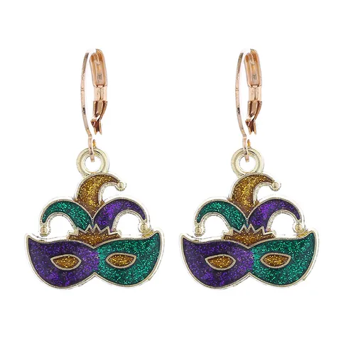 Mardi Gras Festif Alliage Boucles d'Oreilles Créoles Paillettes Émail Masque Chapeau Couronne Fleur de Lys Boucles d'Oreilles Pendantes pour Femme Fête Carnaval Bijoux