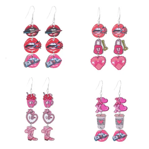 Valentinstag Kreative Holzbedruckte Ohrhänger Für Damen Mehrlagige Herz Rote Lippen Amor Muster Festival Party Schmuck