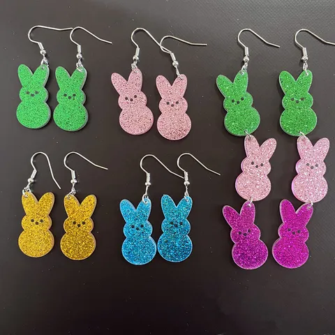 Ostern Hase Glitzer Acryl Ohrhänger Bunte Marshmallow Kaninchen Anhänger Seil Kette Set Festliche Feiertag Kreativer Schmuck Für Mädchen Frauen
