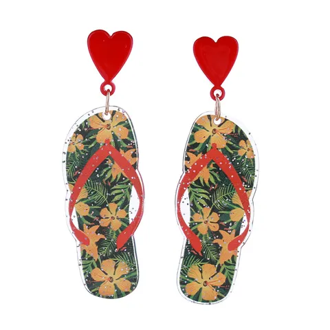Summer Hawaiian Beach Party Acrylic Flip Flop Stud Earrings For Women Tropical Floral Lemon Glitter Printed Earrings Jewelry