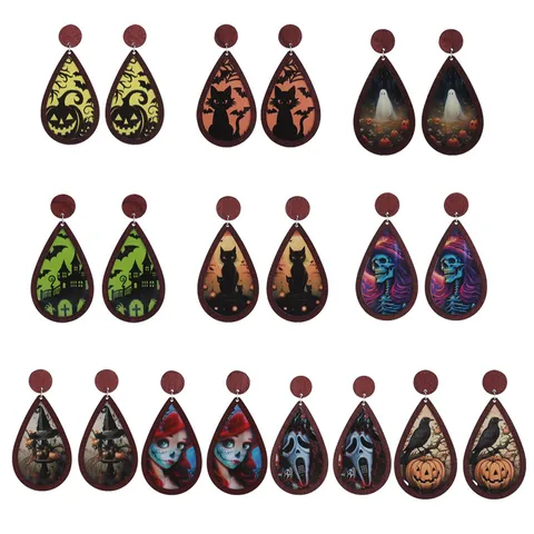 Halloween Acrylic Wood Inlay Teardrop Earrings Double Sided Printed Ghostface Pumpkin Bat Pattern Weird Quirky Dangle Earrings Holiday Party Jewelry