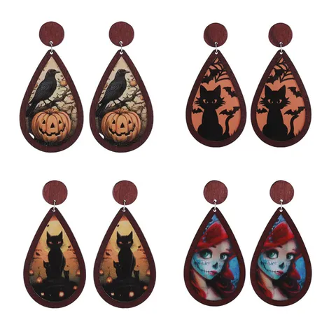 Halloween Acrylic Wood Inlay Teardrop Earrings Double Sided Printed Ghostface Pumpkin Bat Pattern Weird Quirky Dangle Earrings Holiday Party Jewelry