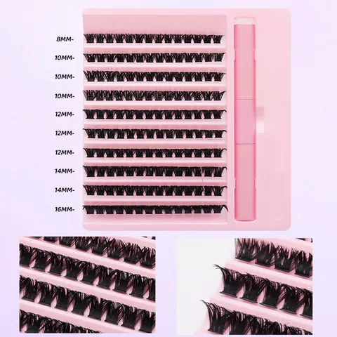 10 Reihen Cluster Wimpern Set DIY Individuelle Wimpernverlängerung Kit Mit Pinzette Und Bond Seal Flauschige Falsche Wimpern Rosa Tablett