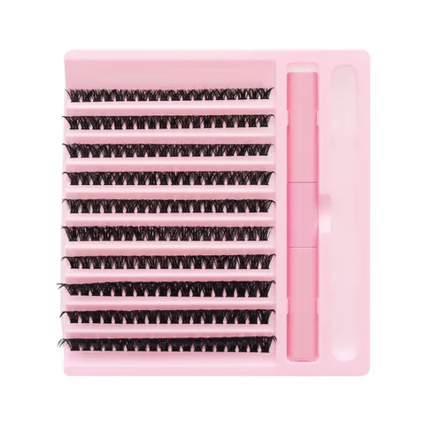 10 Reihen Cluster Wimpern Set DIY Individuelle Wimpernverlängerung Kit Mit Pinzette Und Bond Seal Flauschige Falsche Wimpern Rosa Tablett