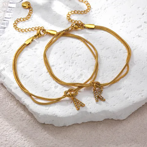 Fashion 18K Gold Plated Stainless Steel Snake Chain Initial Letter Bracelet For Women Rhinestone Knot Bracelet Jewelry Gift