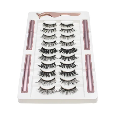 10 Pairs Magnetic False Eyelashes Set With 4 Tubes Magnetic Liquid Eyeliner And Tweezers Natural Thick Glue-Free Reusable Fake Lashes Kit