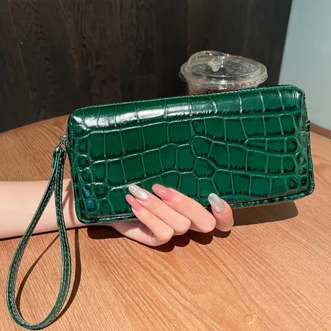 Mujeres Cuero Auténtico Patrón Cocodrilo Billetera Larga Cremallera Embrague Bolso Teléfono Muñeca Moda Bolso de Mano