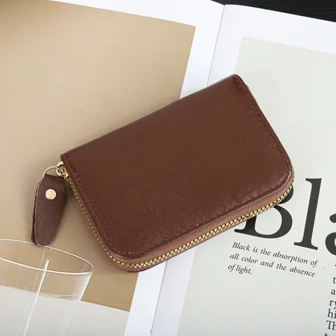 Tarjetero de Cuero Genuino para Mujer Monedero Compacto Múltiples Ranuras Billetera Cremallera Piel de Vaca Minimalista