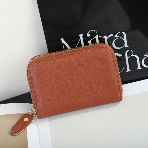 Tarjetero de Cuero Genuino para Mujer Monedero Compacto Múltiples Ranuras Billetera Cremallera Piel de Vaca Minimalista