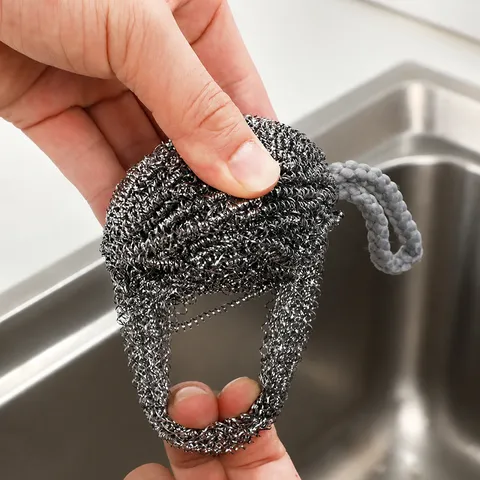 Stainless Steel Cleaning Ball With Lanyard Heavy Duty Scouring Pad Dish Washing Sponge Scrubbing Ball Kitchen Tool
