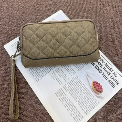 Women Genuine Leather Quilted Long Wallet Phone Bag Zipper Clutch Credit Card Holder Wrist Strap Fashion Purse