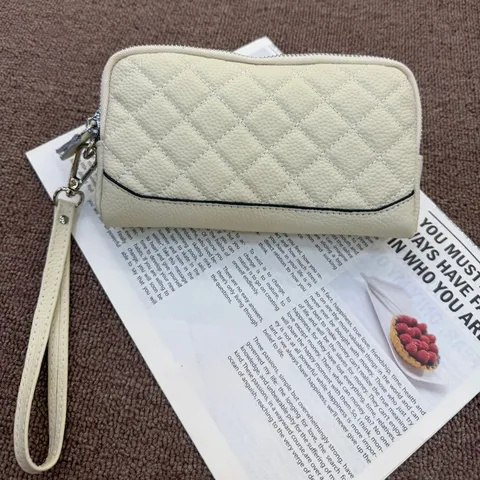 Women Genuine Leather Quilted Long Wallet Phone Bag Zipper Clutch Credit Card Holder Wrist Strap Fashion Purse