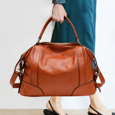 Bolso de Mano Boston de Cuero Genuino para Mujer Cuero de Vacuno Primera Capa Bolso Bandolera de Gran Capacidad