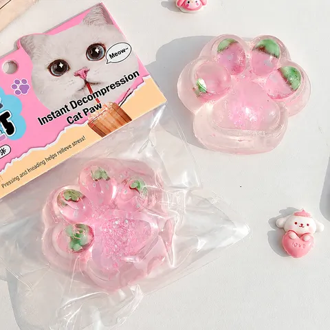 Transparent Strawberry Cat Paw Squishy Toy Slow Rising Fidget Toy Stress Relief Cute Desktop Decoration Girls Toy