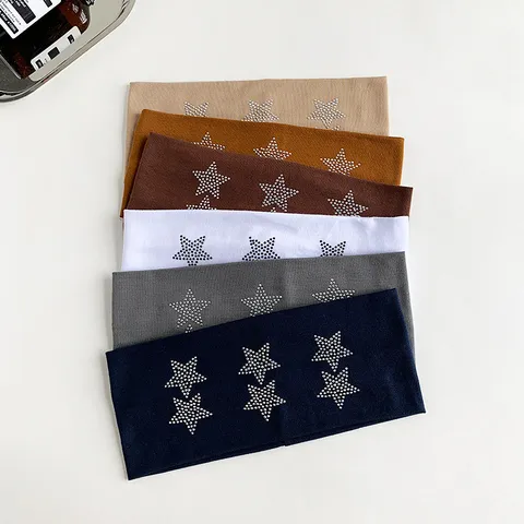 American Street Style Women Fashion Elastic Headband Retro Solid Color Hot Fix Rhinestone Five-Pointed Star Hair Band