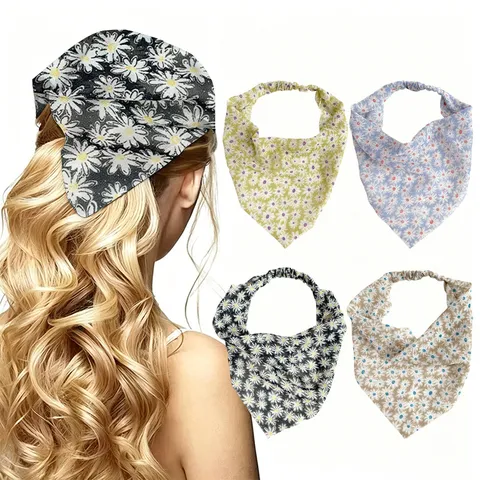 Foulard Triangolare con Stampa Floreale Carino Motivo Margherita Fascia Elastica per Capelli Accessorio in Tessuto per Donna